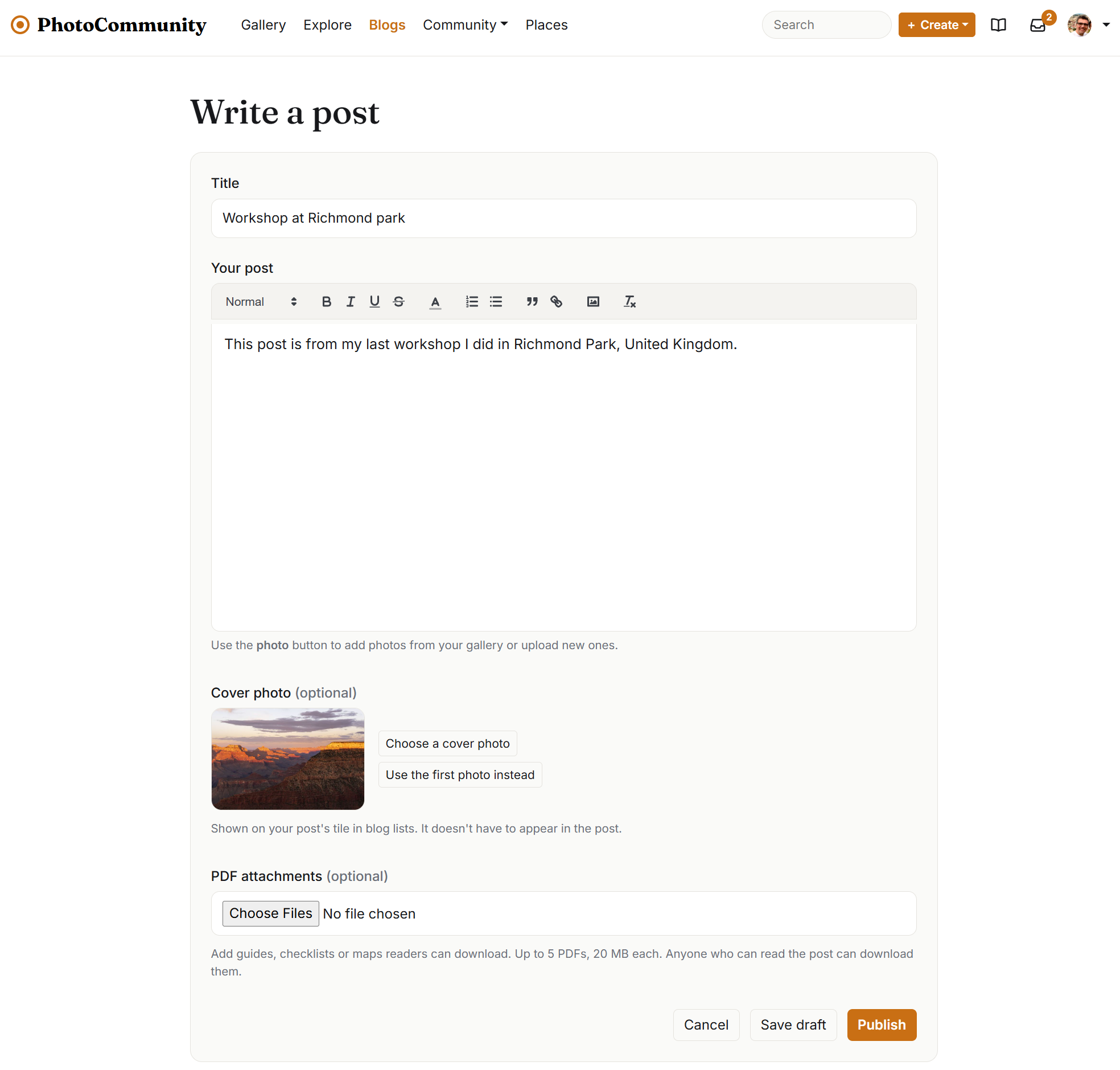 Writing a blog post: the editor, cover photo and PDF attachments
