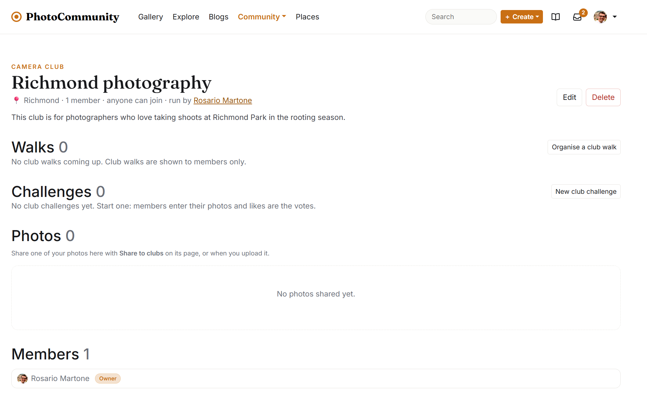 A camera club page with its members, photo feed, walks and challenges