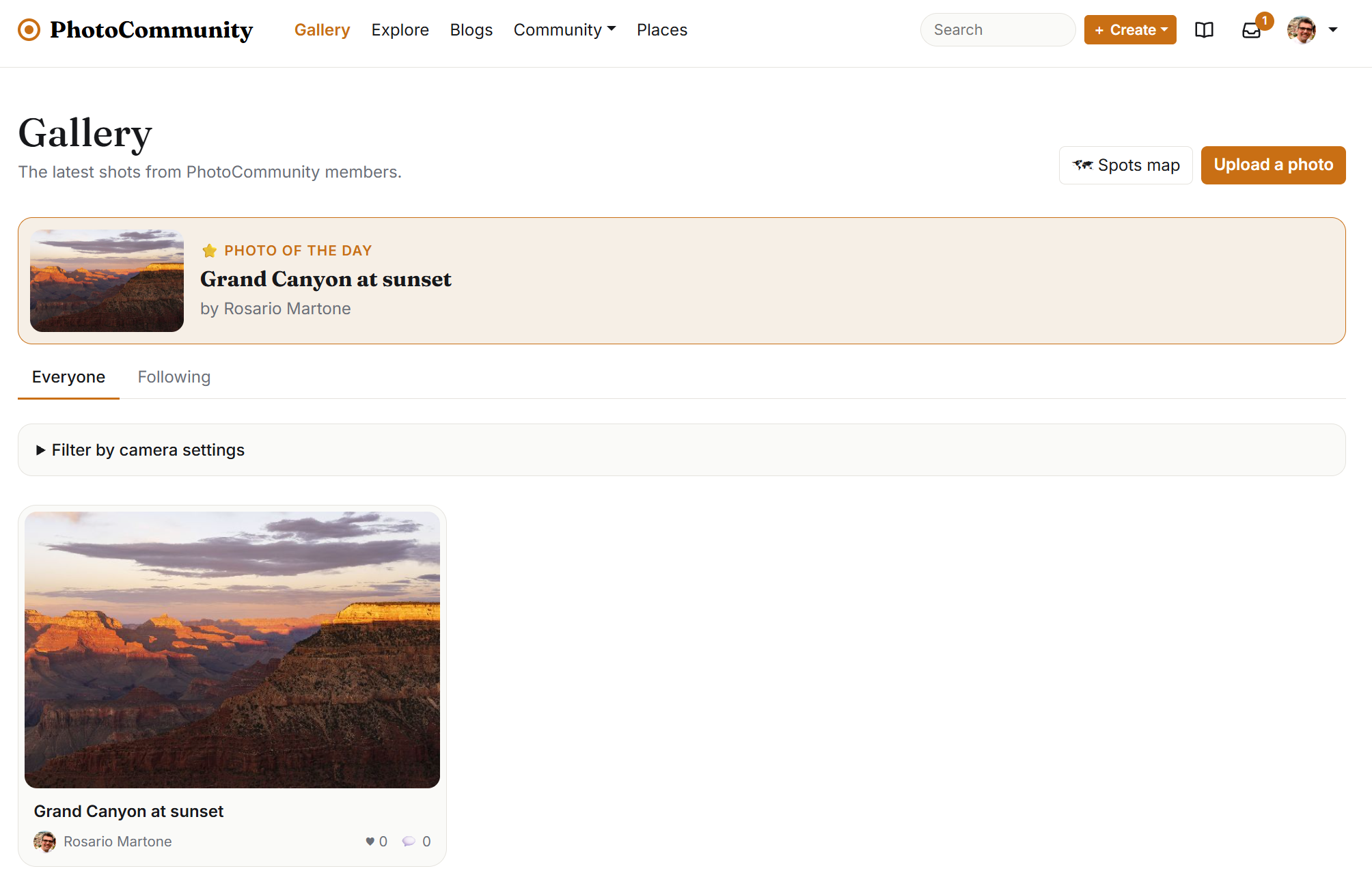 The Gallery, with the Everyone and Following tabs and the photo of the day