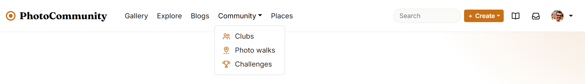 The header: Gallery, Explore, Blogs, Community and Places, then search, ＋ Create, Activity and your menu