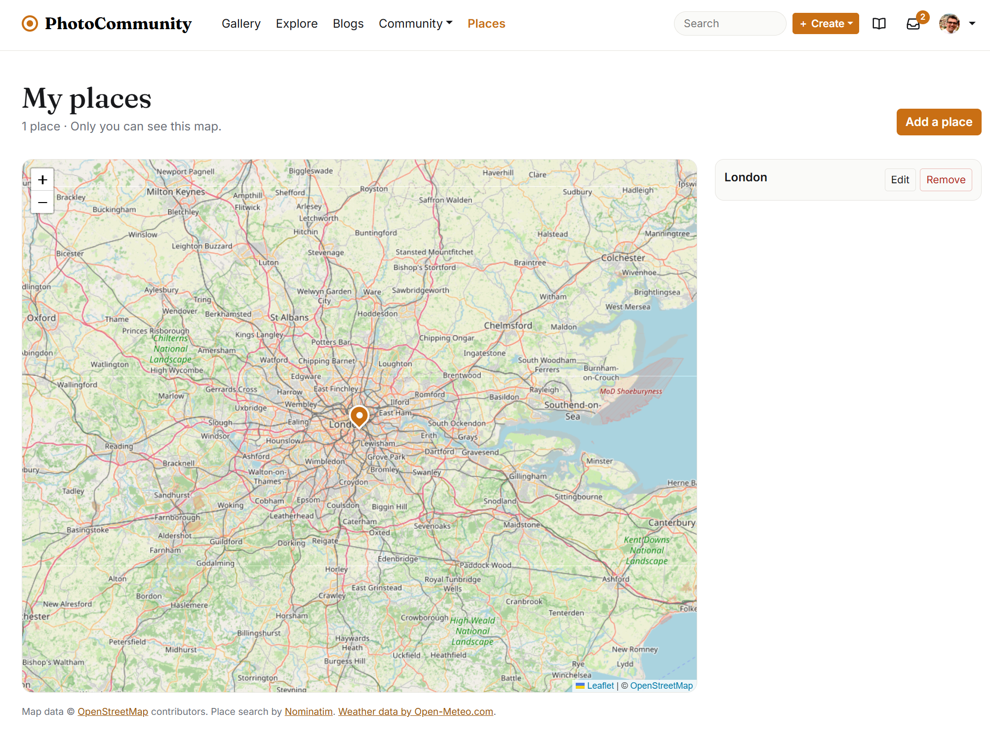 Places: your private map, with a place's light forecast