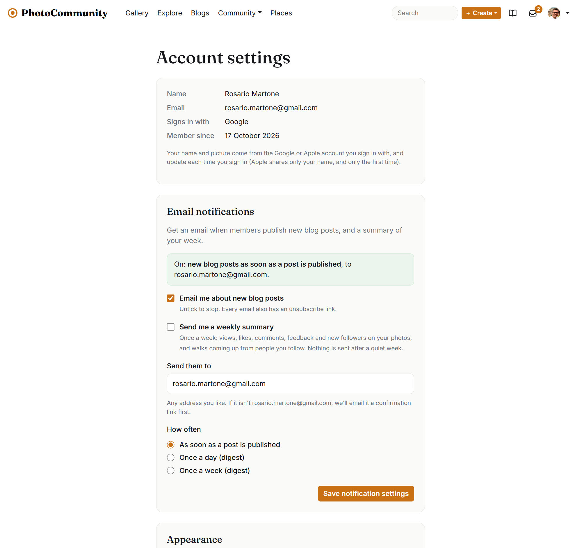 Settings: appearance, activity, emails, blocked members and your account