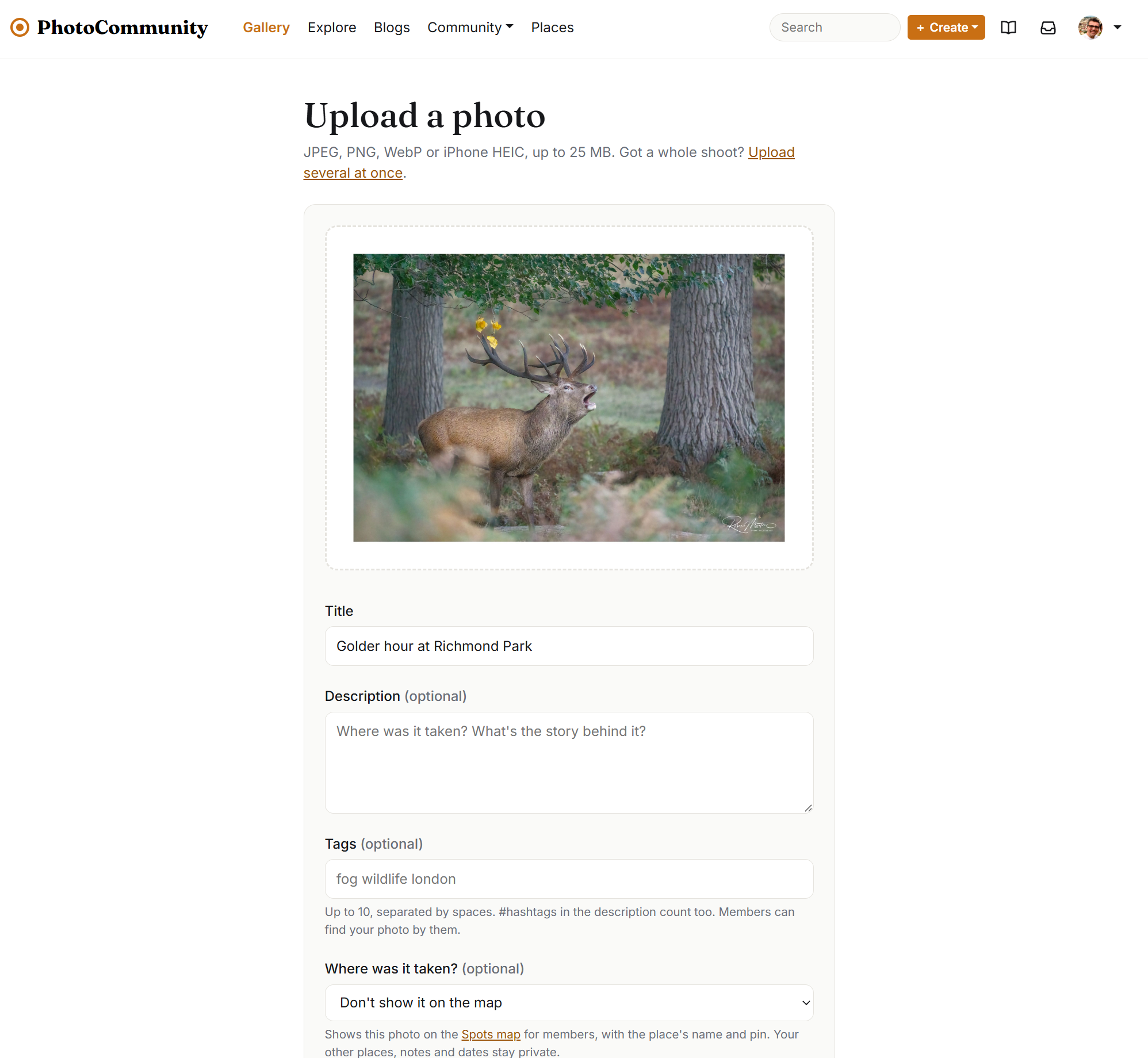 Uploading a photo: title, description, tags, place and the choices below